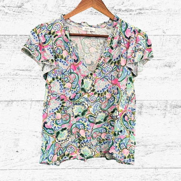 Another Love White and Pink Flutter Sleeve Blouse - Picture 1 of 4